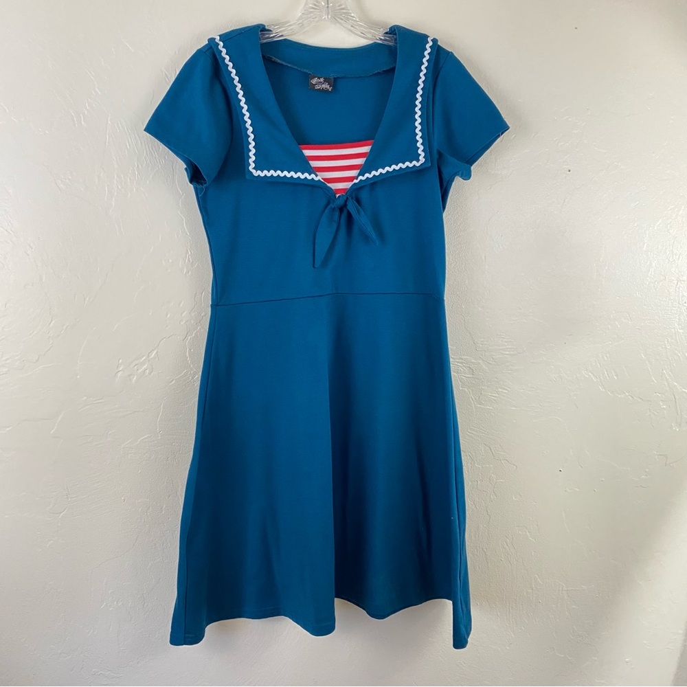 RockSteady Size 1X Teal Blue Jersey Knit Retro Sailor Short Sleeve Swing Dress